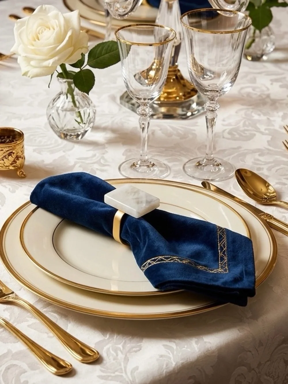 Crate & Barrel White Quartz Marble Gold Napkin Ring s 7pcs set Table Setting